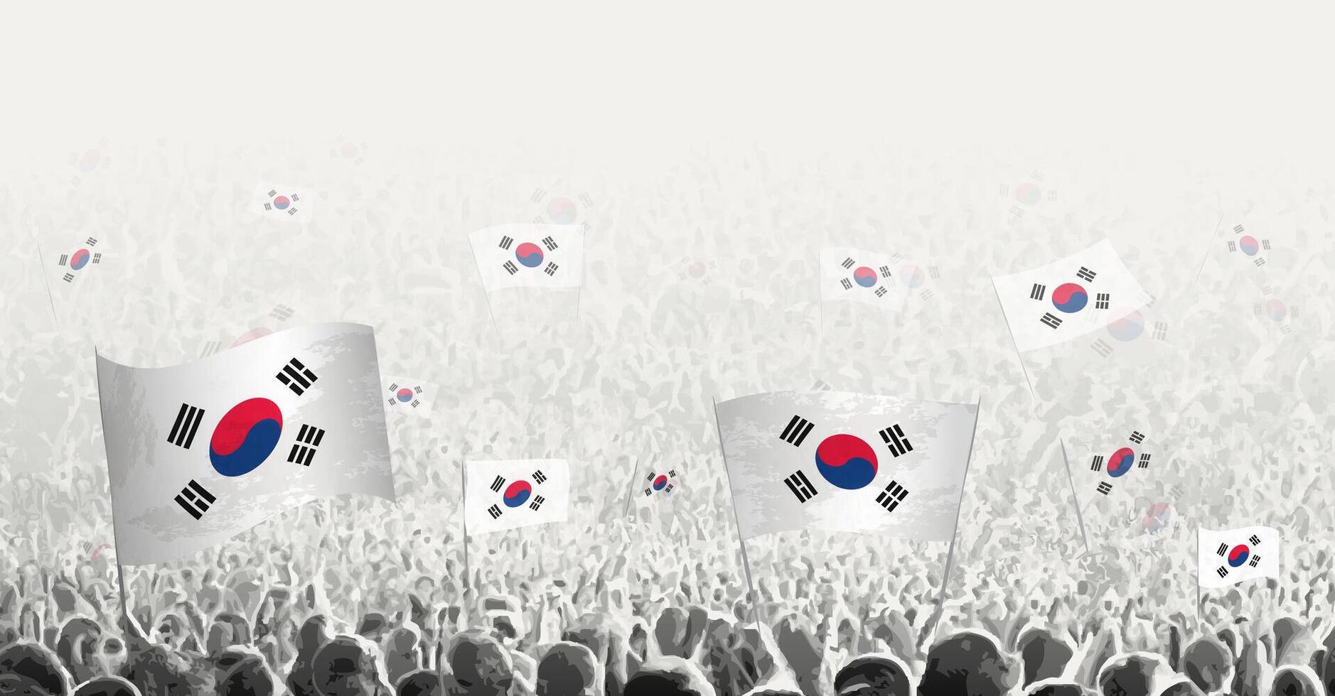 resumen multitud con bandera de sur Corea. pueblos protesta, revolución, Huelga y demostración con bandera de sur Corea. vector