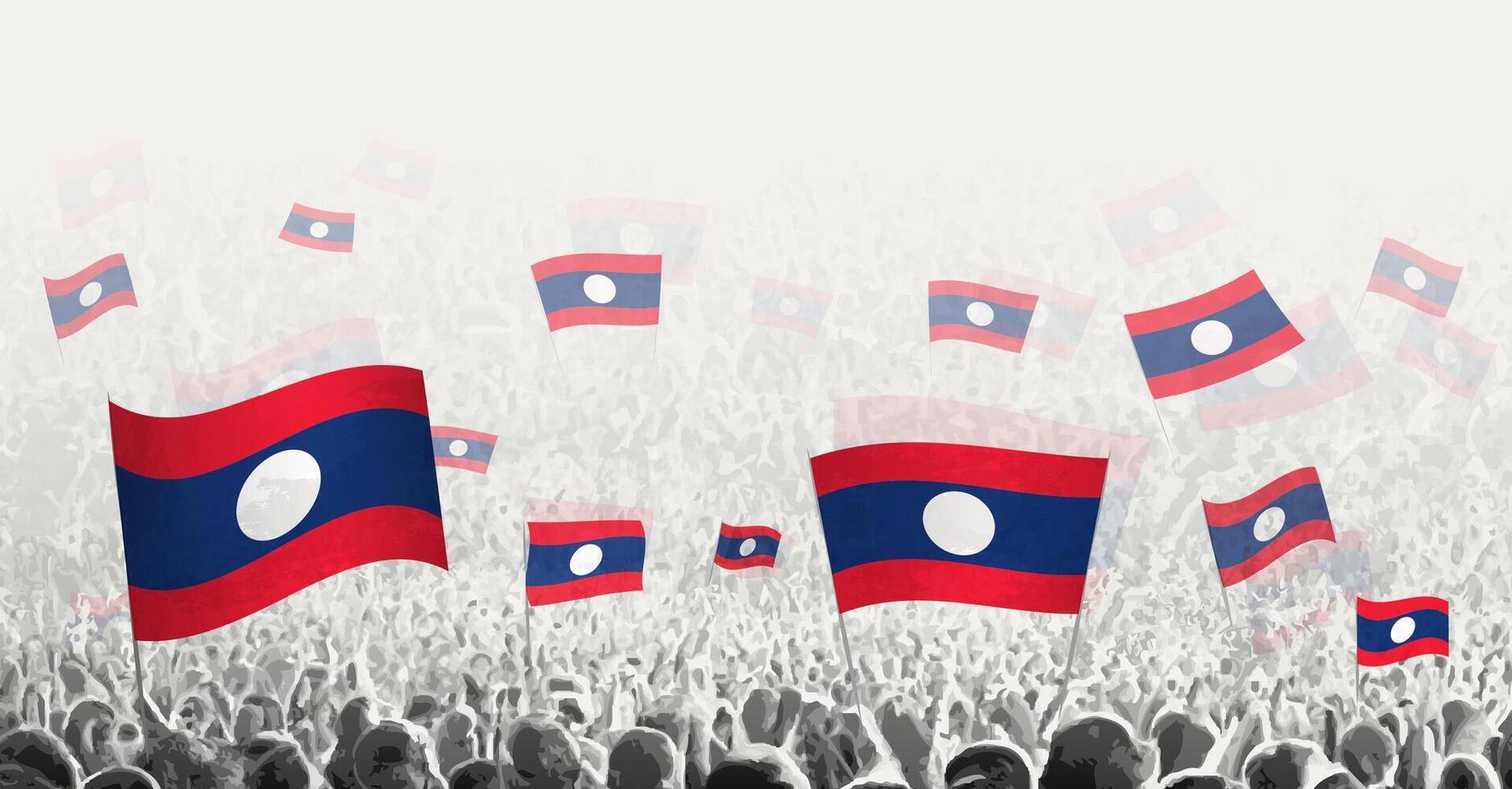 resumen multitud con bandera de Laos. pueblos protesta, revolución, Huelga y demostración con bandera de Laos. vector