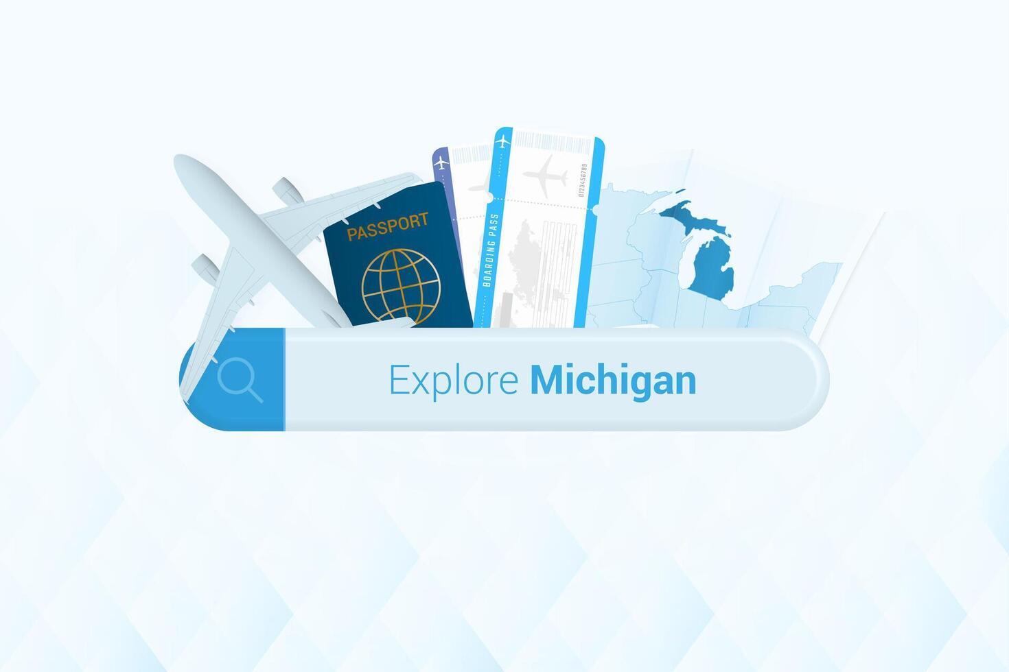 Searching tickets to Michigan or travel destination in Michigan. Searching bar with airplane, passport, boarding pass, tickets and map. vector