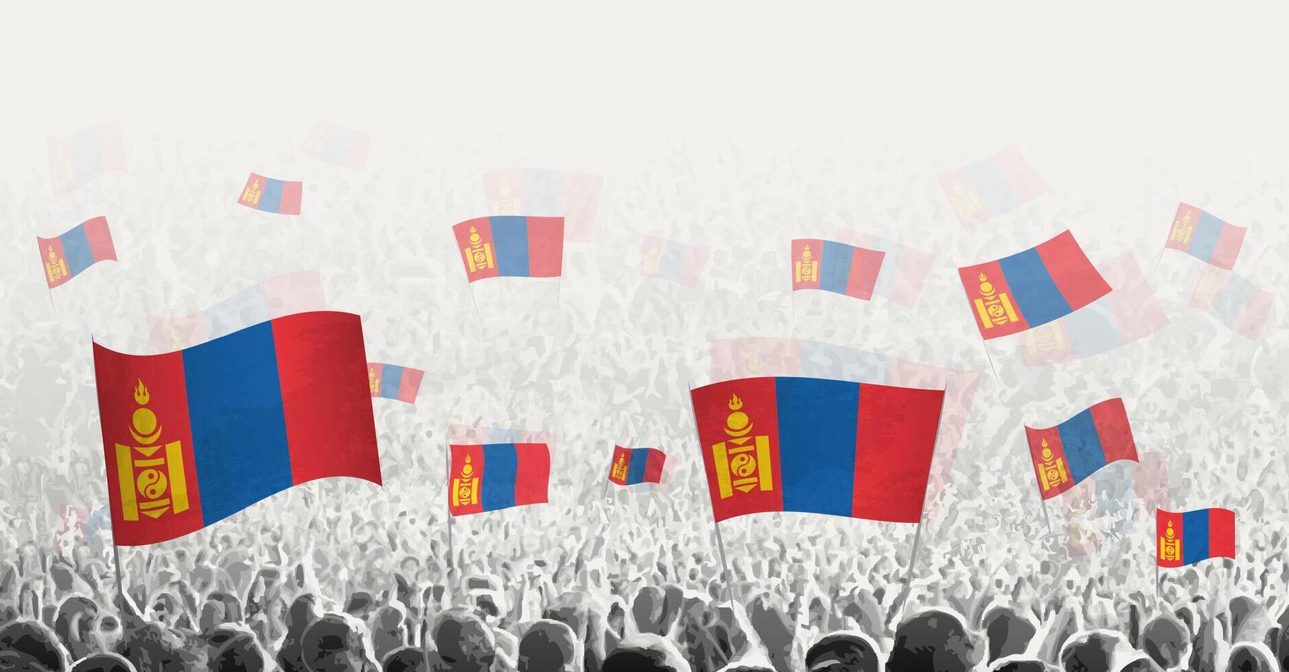 resumen multitud con bandera de Mongolia. pueblos protesta, revolución, Huelga y demostración con bandera de Mongolia. vector