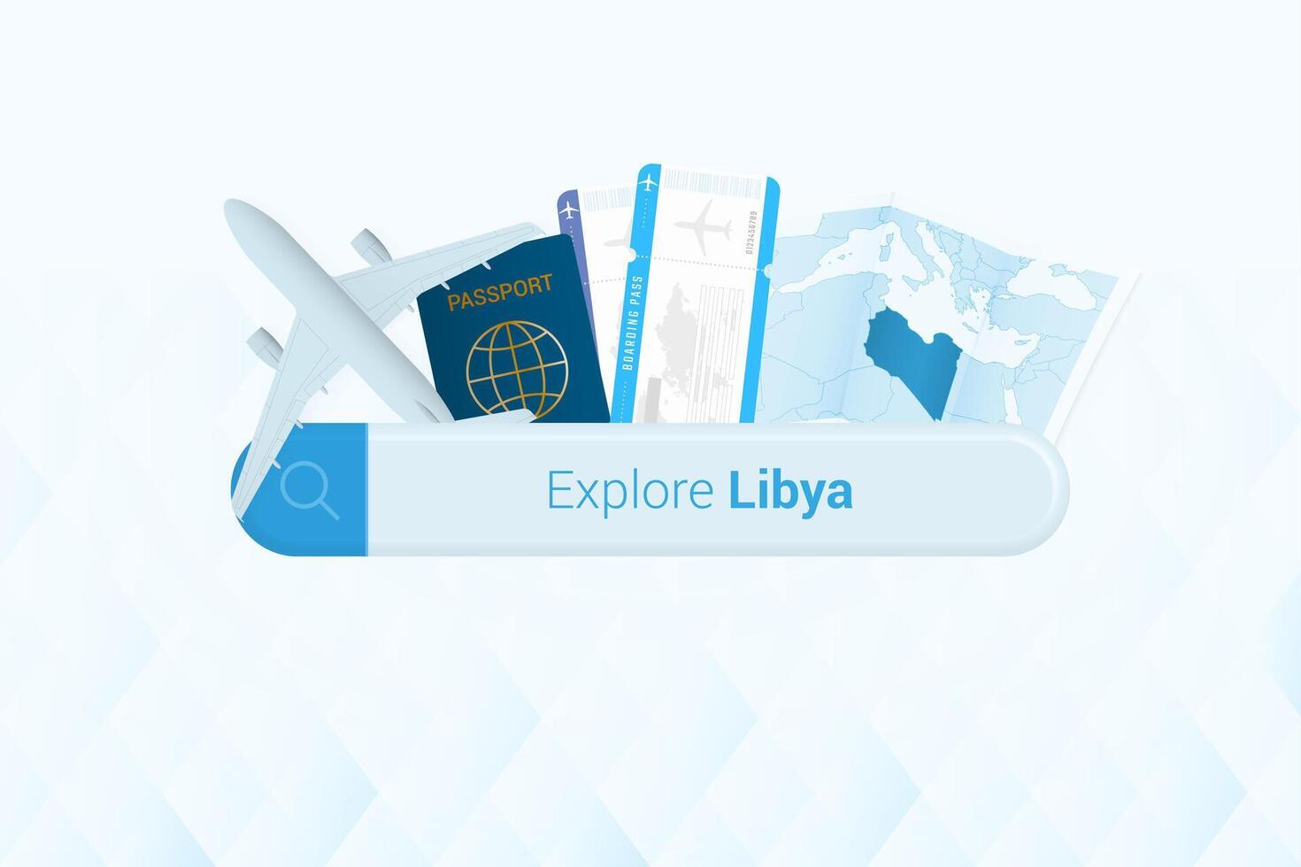 Searching tickets to Libya or travel destination in Libya. Searching bar with airplane, passport, boarding pass, tickets and map. vector