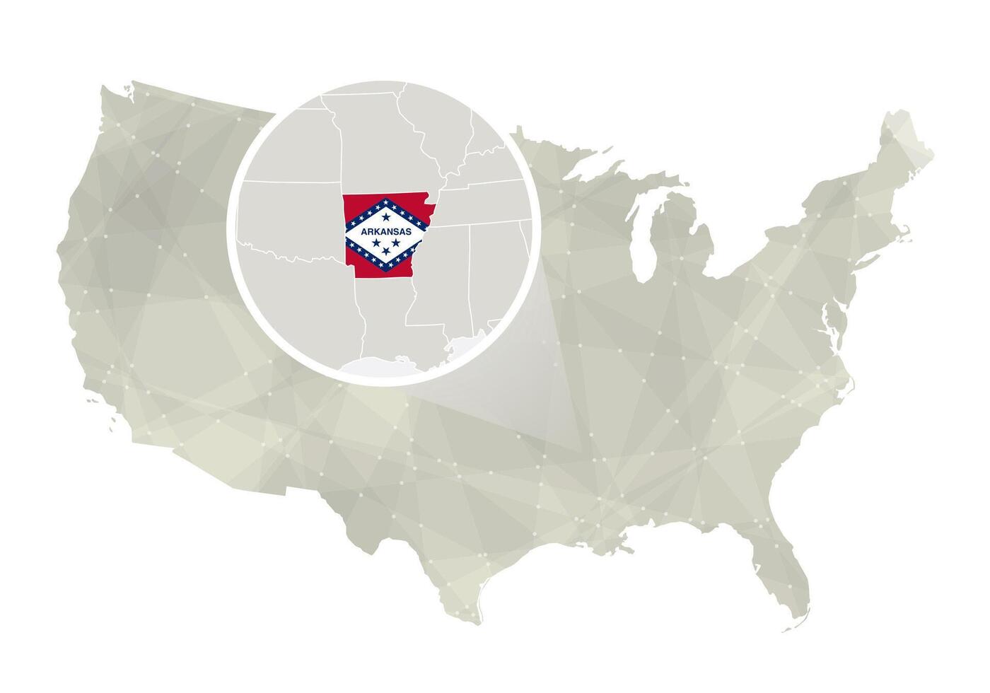 poligonal resumen Estados Unidos mapa con magnificado Arkansas estado. vector