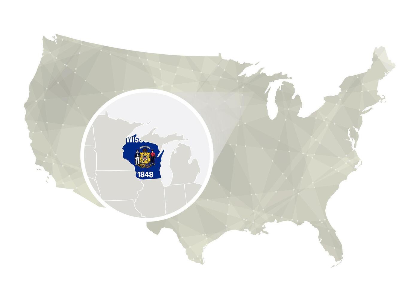 Polygonal abstract USA map with magnified Wisconsin state. vector