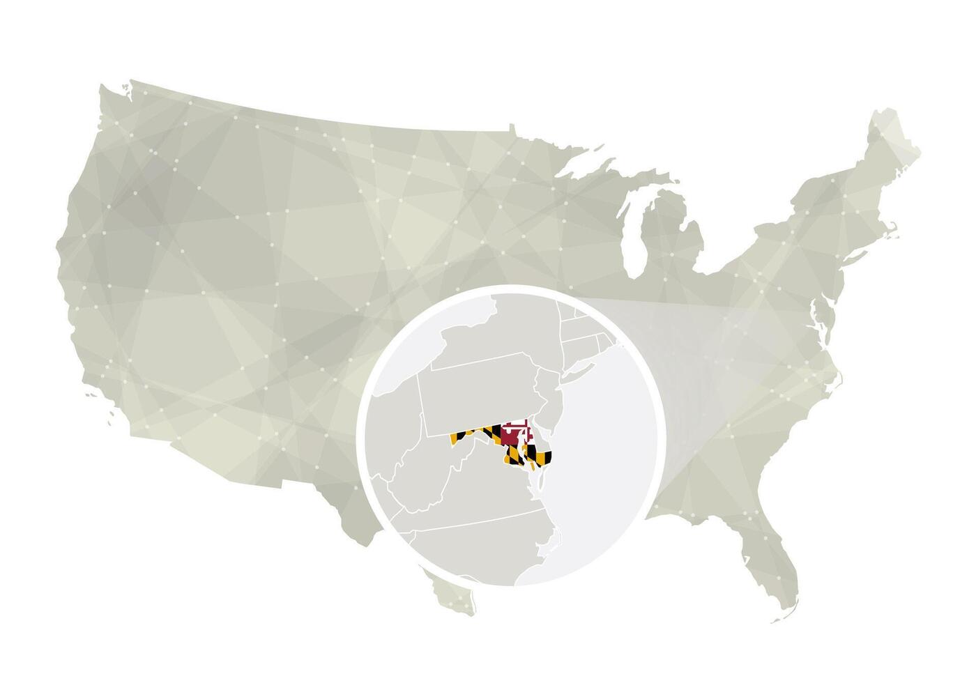 poligonal resumen Estados Unidos mapa con magnificado Maryland estado. vector