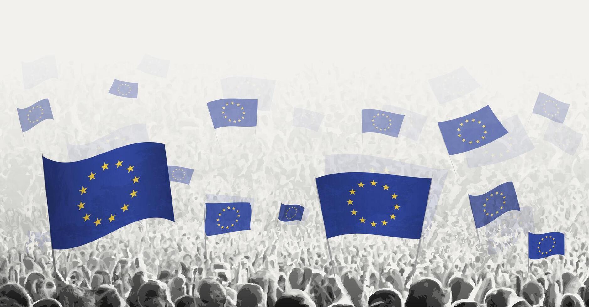 resumen multitud con bandera de europeo Unión. pueblos protesta, revolución, Huelga y demostración con bandera de europeo Unión. vector