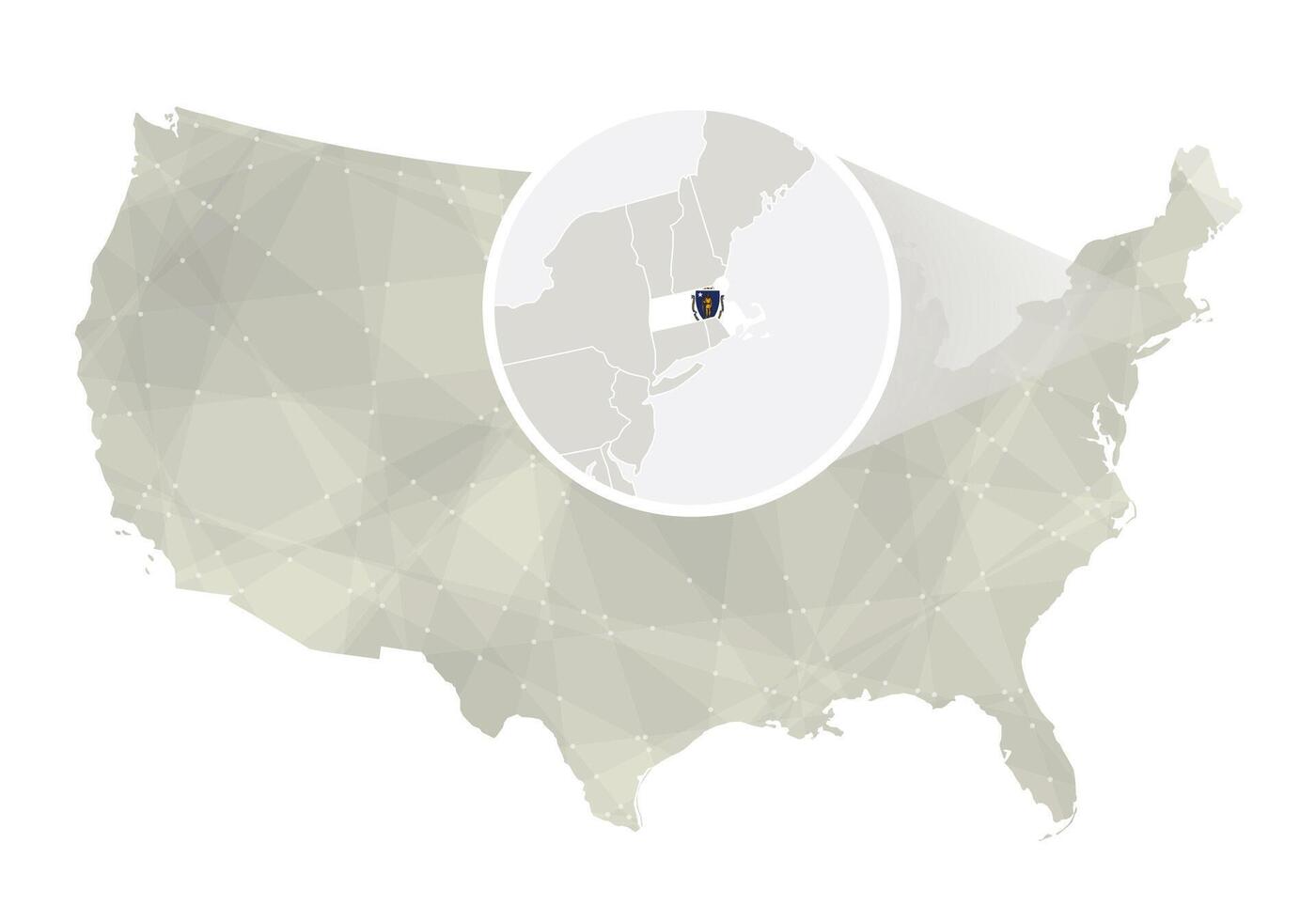 poligonal resumen Estados Unidos mapa con magnificado Massachusetts estado. vector