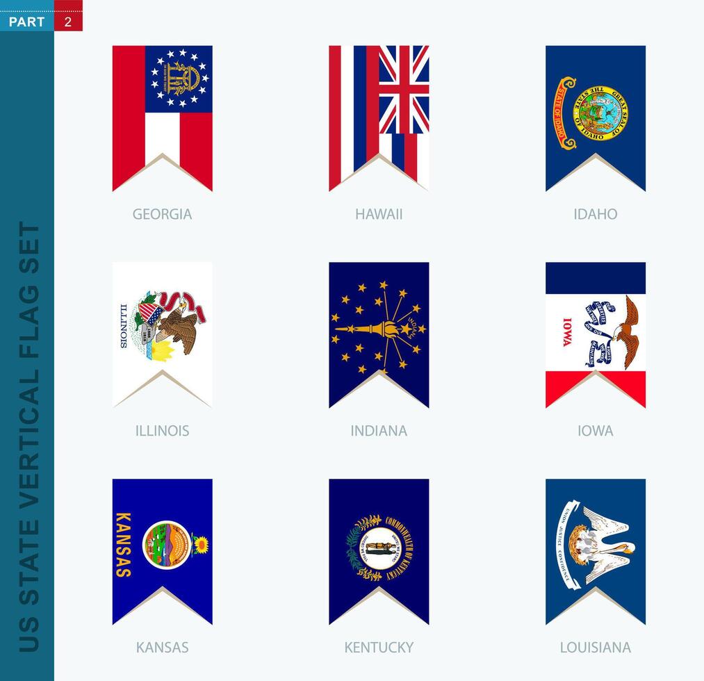 Nine vector vertical US state flag set. Vertical icon with state flag.