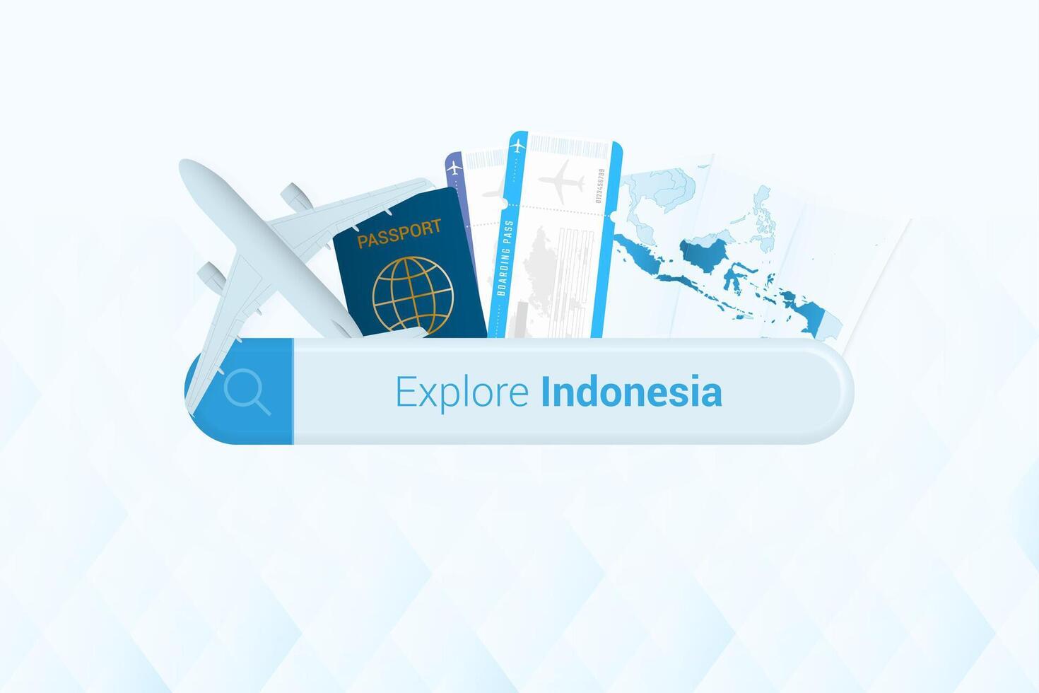 buscando Entradas a Indonesia o viaje destino en Indonesia. buscando bar con avión, pasaporte, embarque aprobar, Entradas y mapa. vector