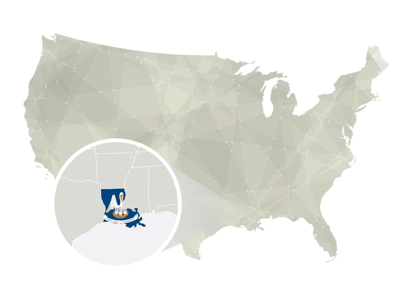 poligonal resumen Estados Unidos mapa con magnificado Luisiana estado. vector