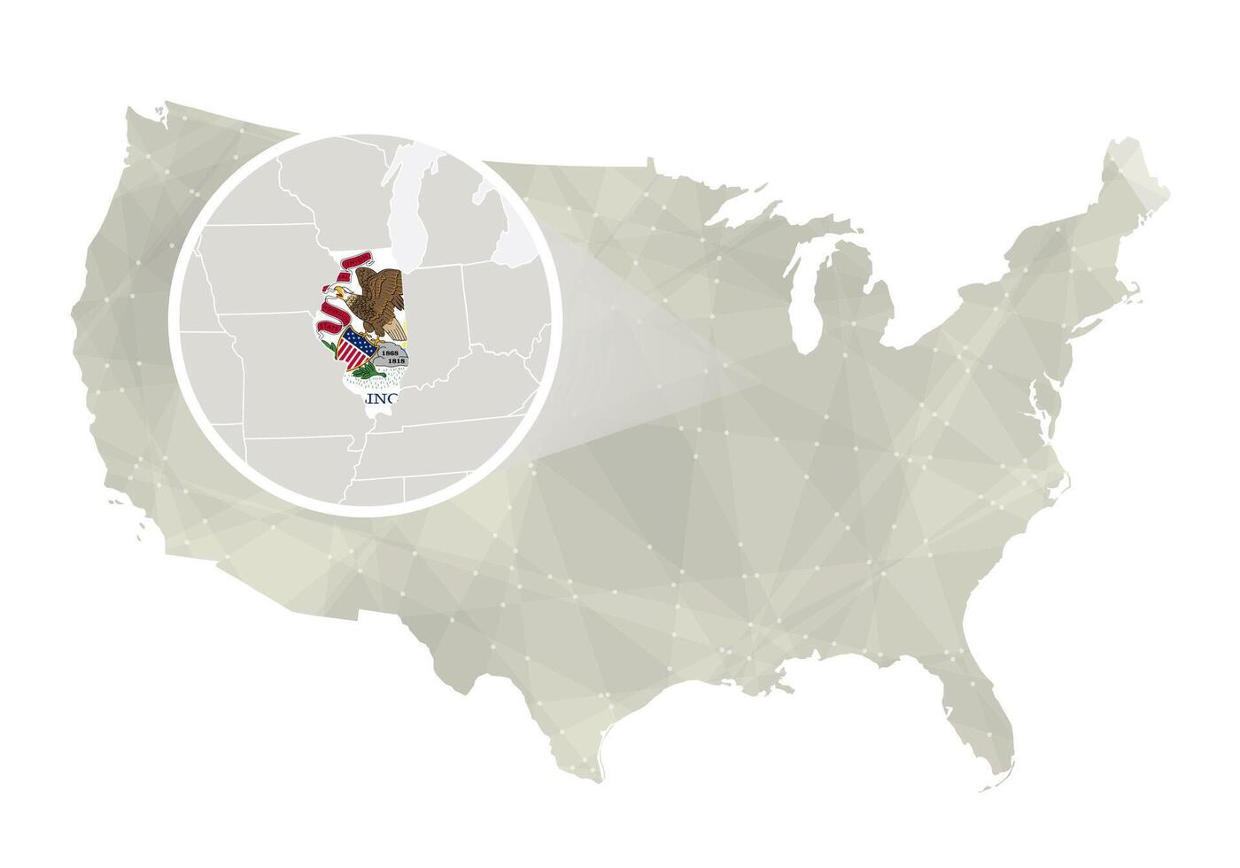 poligonal resumen Estados Unidos mapa con magnificado Illinois estado. vector