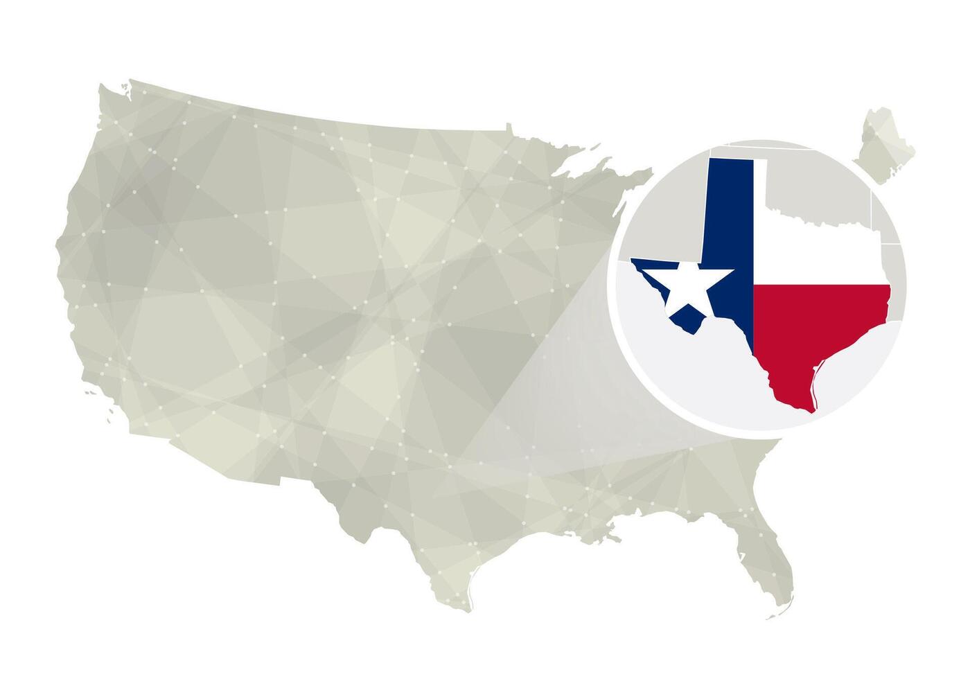 poligonal resumen Estados Unidos mapa con magnificado Texas estado. vector