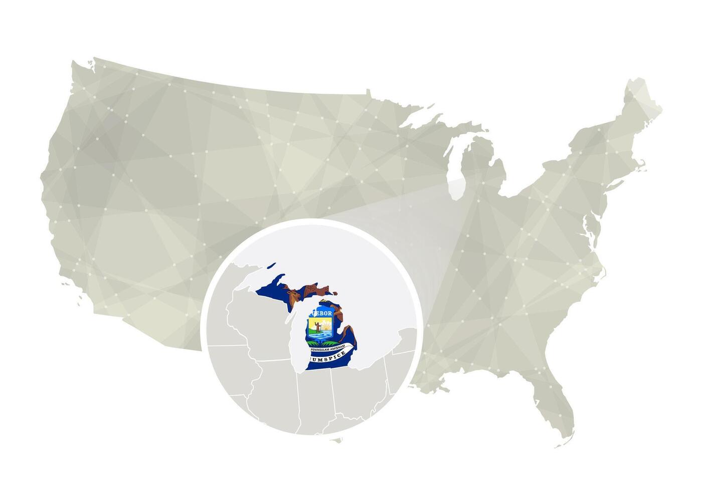 Polygonal abstract USA map with magnified Michigan state. vector