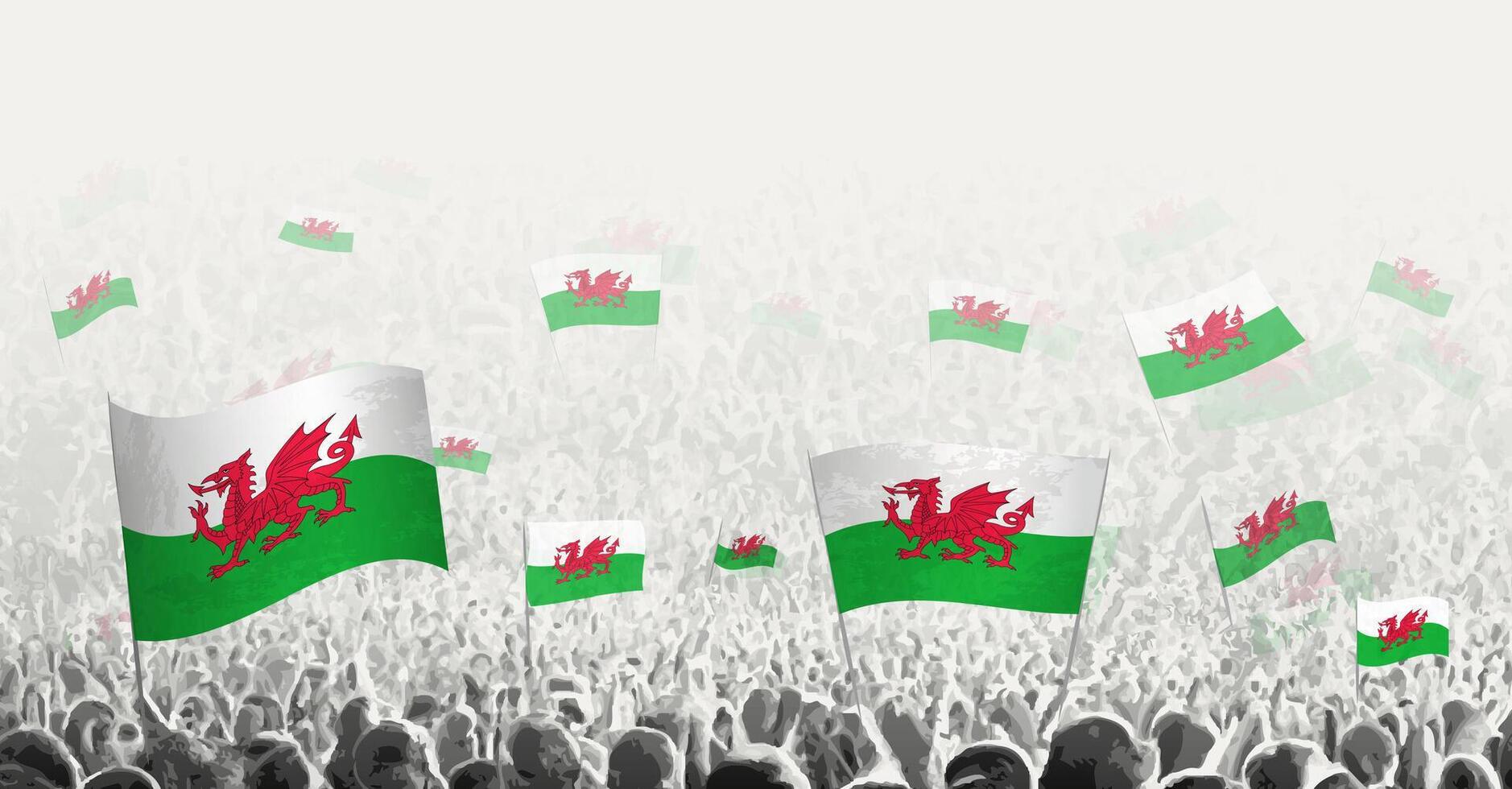 resumen multitud con bandera de Gales. pueblos protesta, revolución, Huelga y demostración con bandera de Gales. vector
