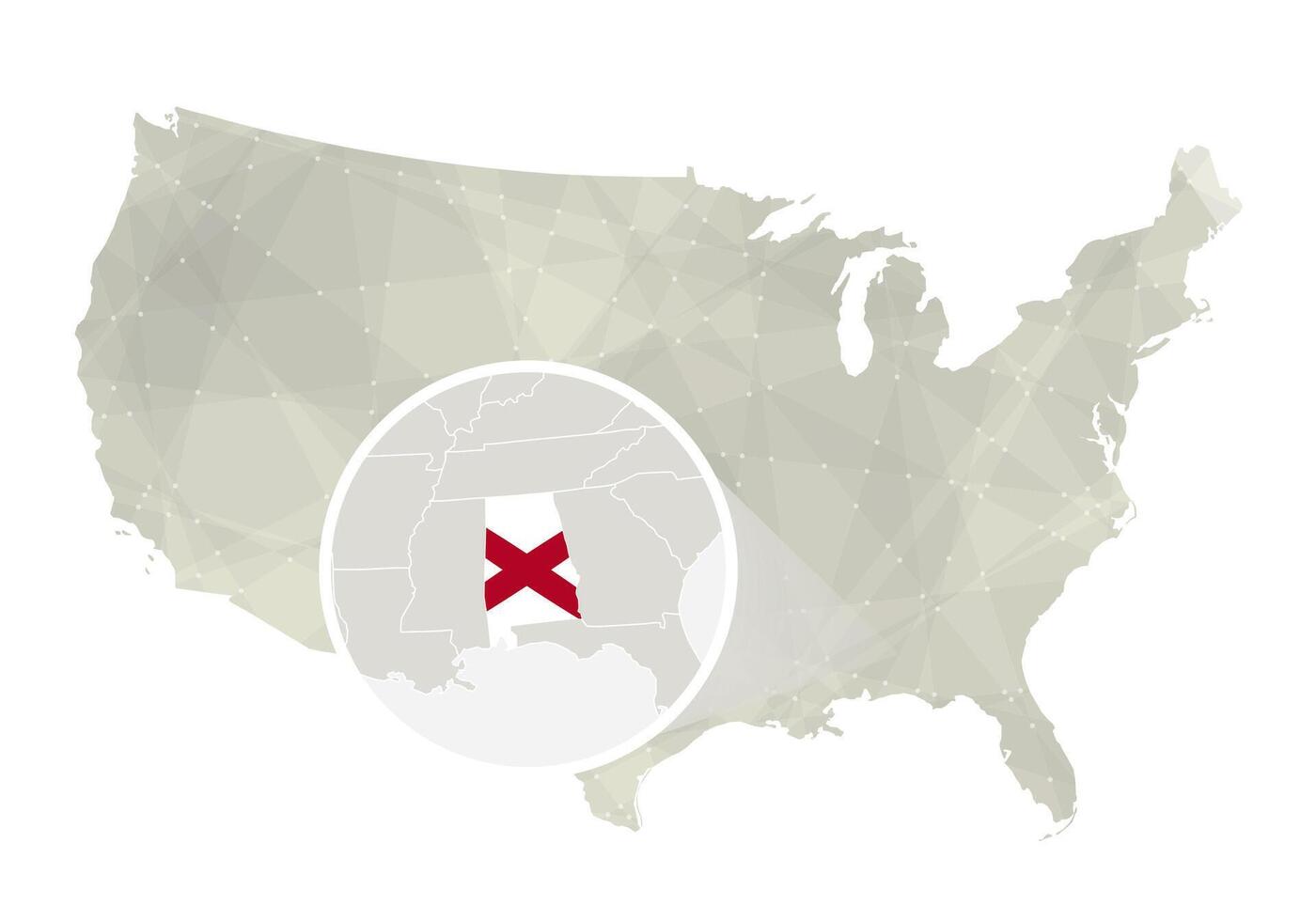 poligonal resumen Estados Unidos mapa con magnificado Alabama estado. vector