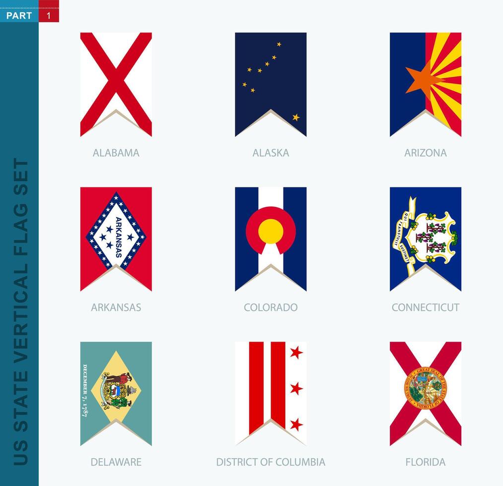 Nine vector vertical US state flag set. Vertical icon with state flag.