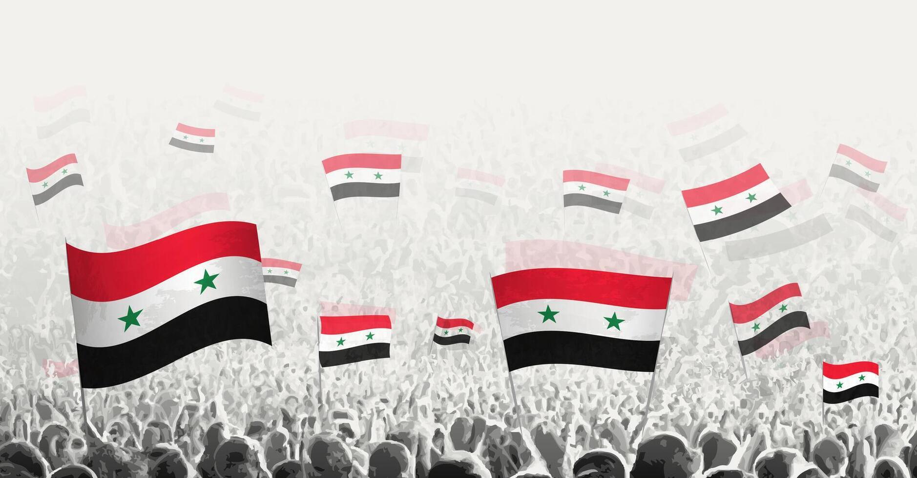 resumen multitud con bandera de Siria. pueblos protesta, revolución, Huelga y demostración con bandera de Siria. vector