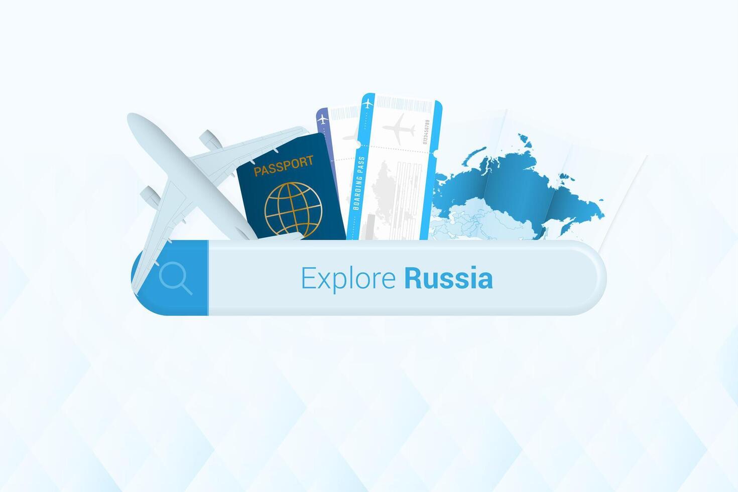 Searching tickets to Russia or travel destination in Russia. Searching bar with airplane, passport, boarding pass, tickets and map. vector