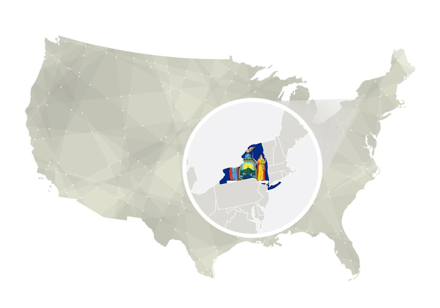 poligonal resumen Estados Unidos mapa con magnificado nuevo York estado. vector