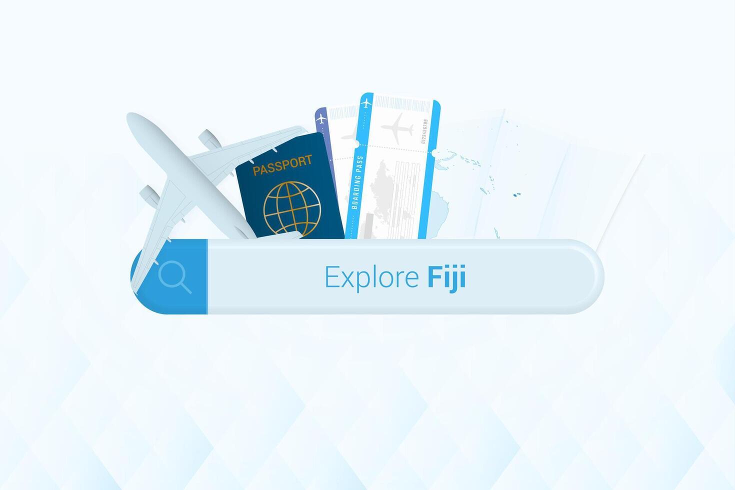 Searching tickets to Fiji or travel destination in Fiji. Searching bar with airplane, passport, boarding pass, tickets and map. vector