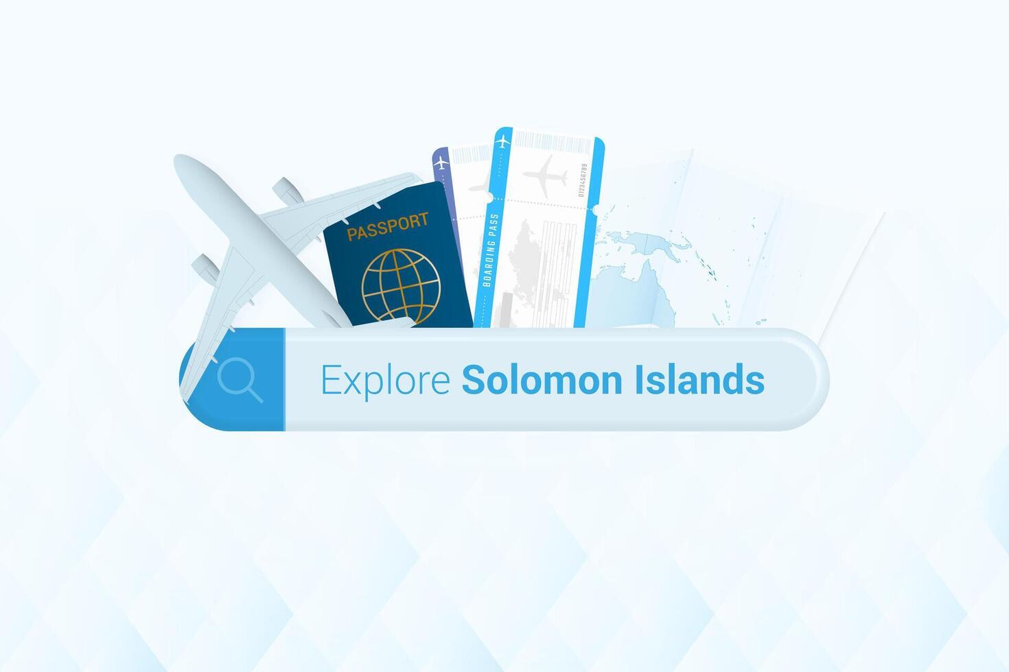 Searching tickets to Solomon Islands or travel destination in Solomon Islands. Searching bar with airplane, passport, boarding pass, tickets and map. vector