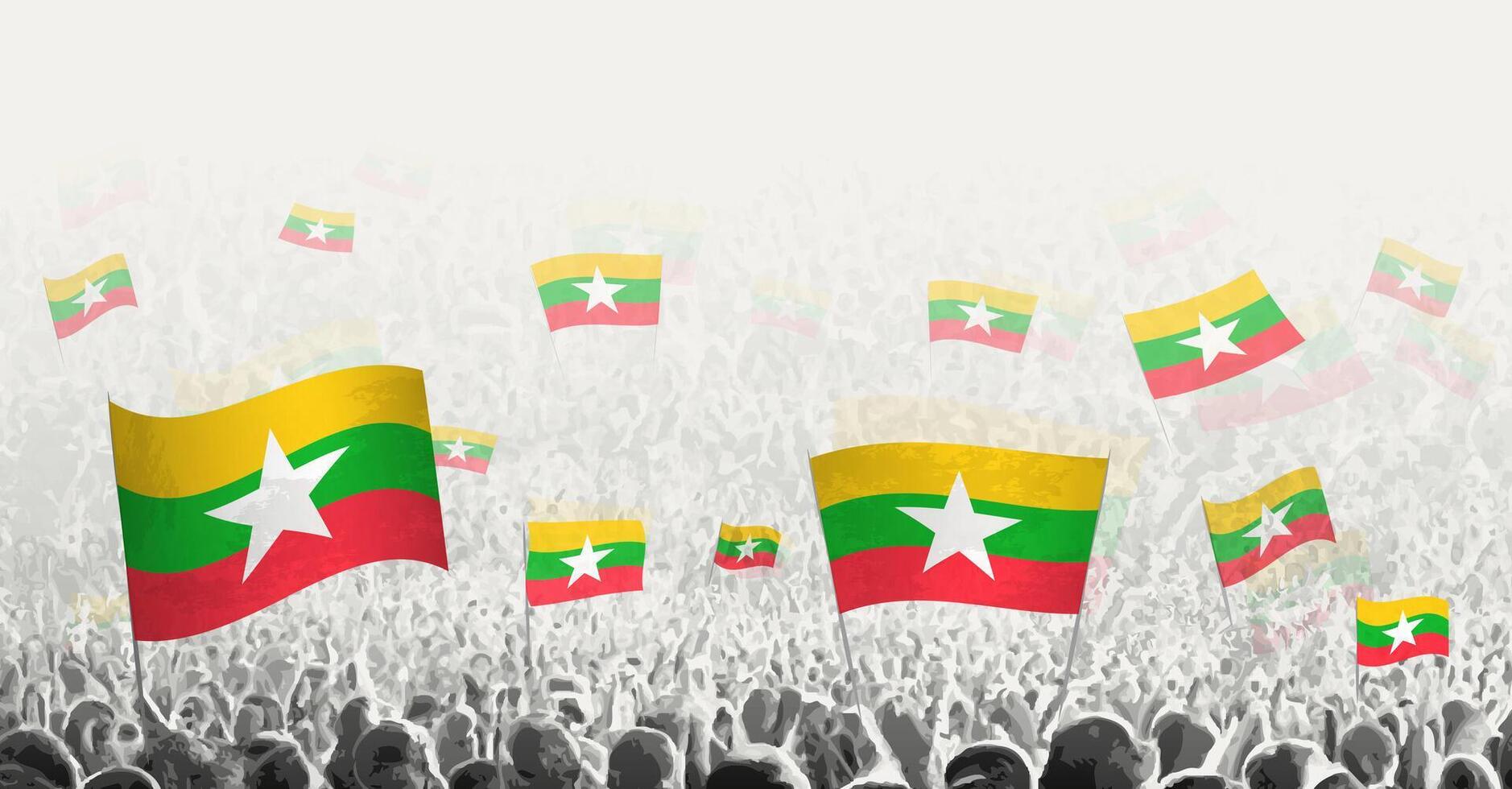 resumen multitud con bandera de myanmar. pueblos protesta, revolución, Huelga y demostración con bandera de myanmar. vector
