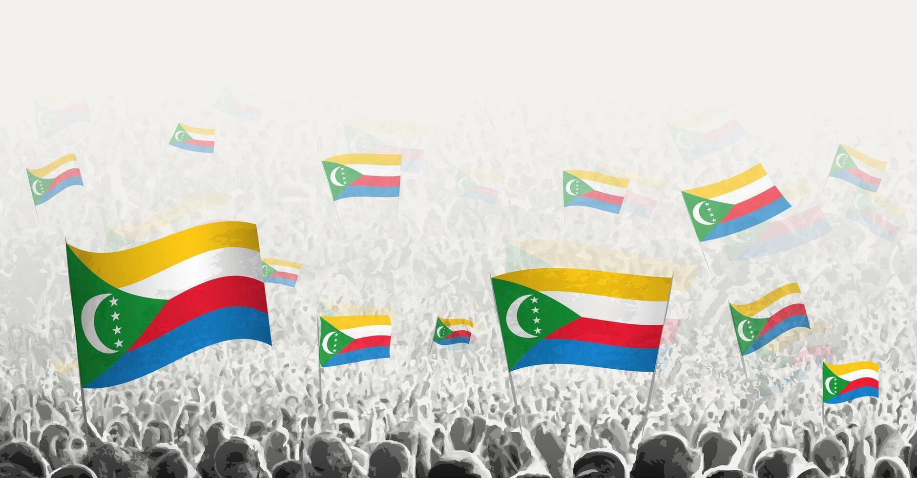 resumen multitud con bandera de Comoras. pueblos protesta, revolución, Huelga y demostración con bandera de Comoras. vector