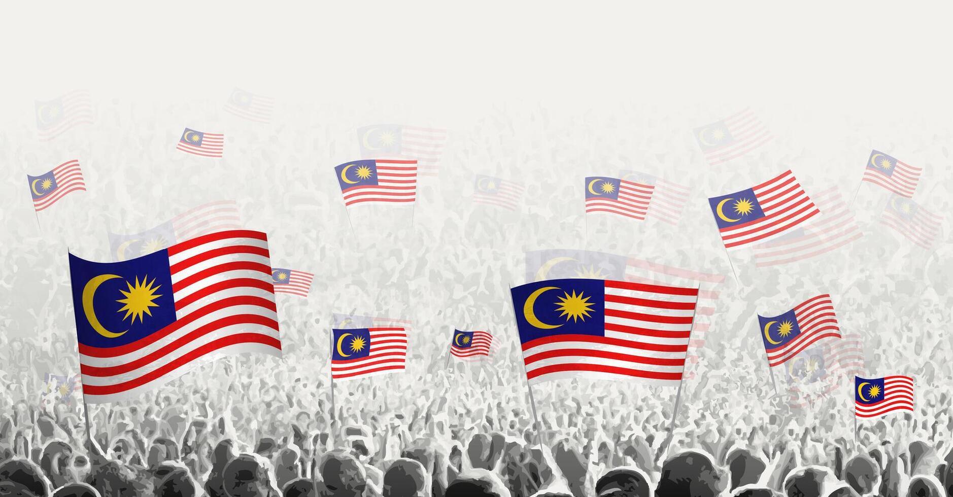 resumen multitud con bandera de Malasia. pueblos protesta, revolución, Huelga y demostración con bandera de Malasia. vector