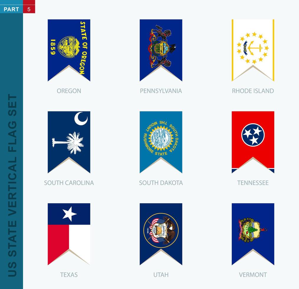 Nine vector vertical US state flag set. Vertical icon with state flag.