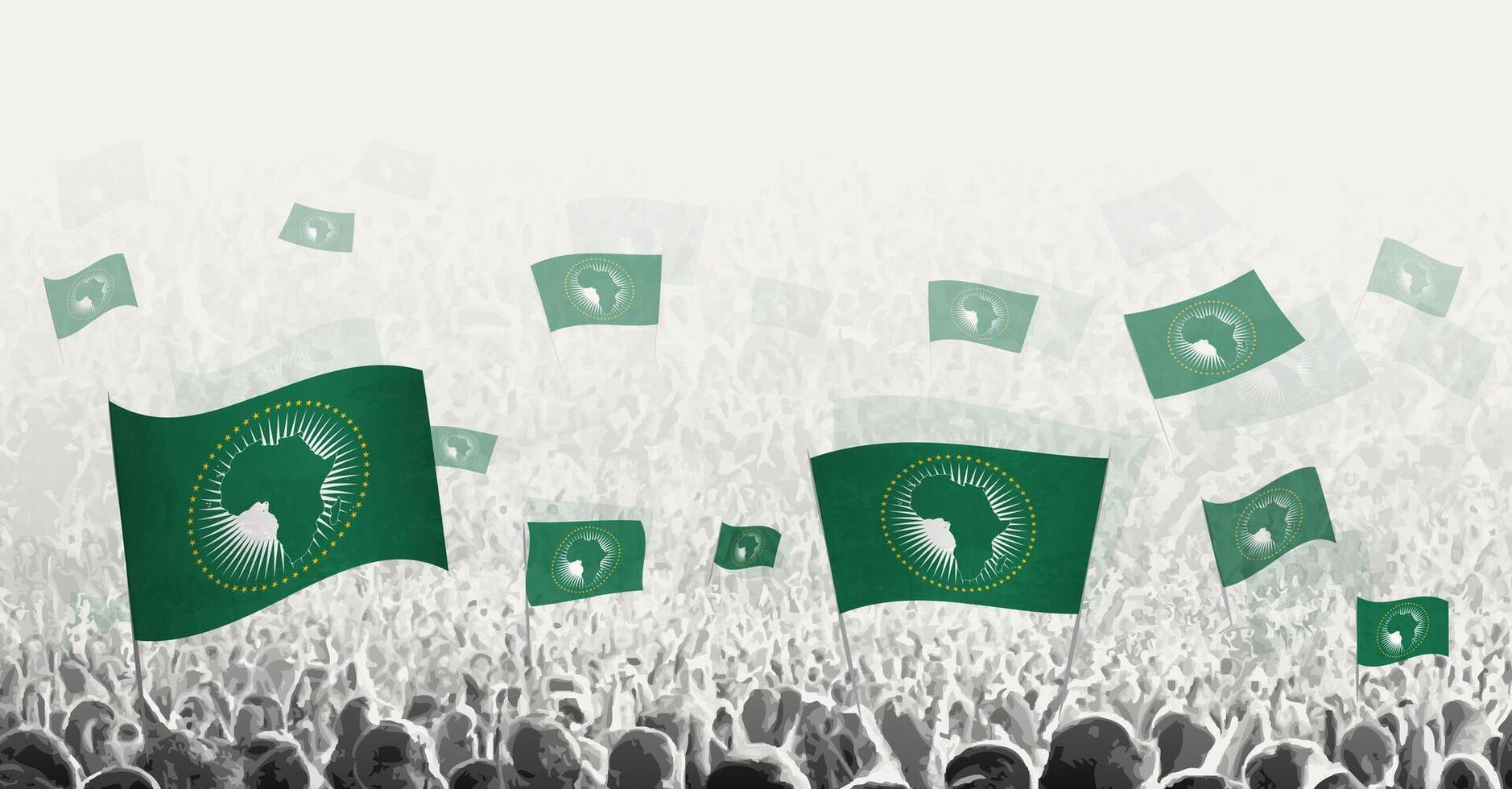 Abstract crowd with flag of African Union. Peoples protest, revolution, strike and demonstration with flag of African Union. vector