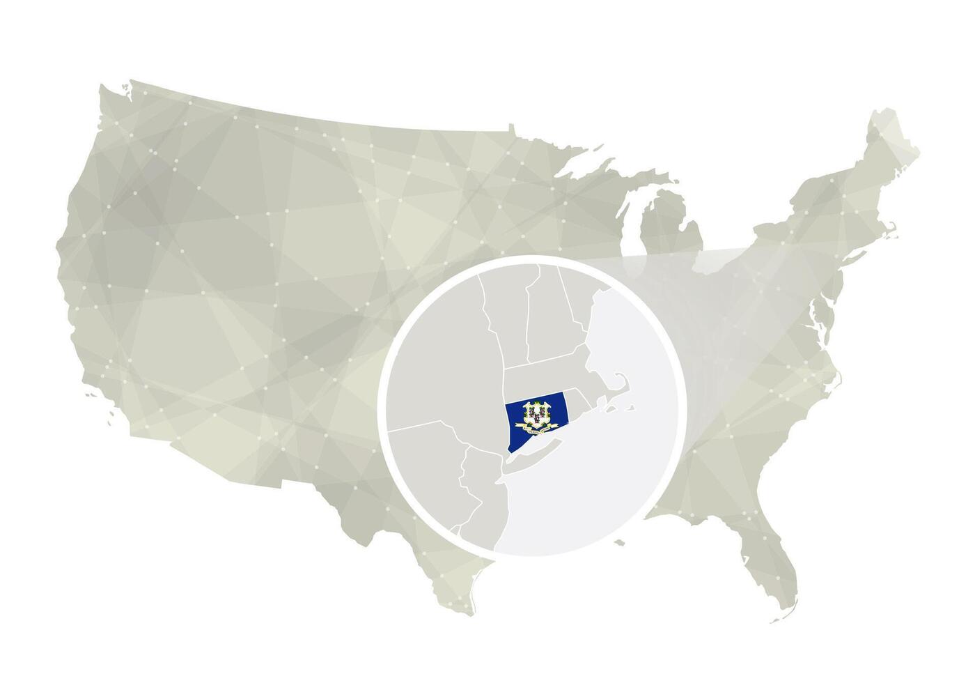 poligonal resumen Estados Unidos mapa con magnificado Connecticut estado. vector