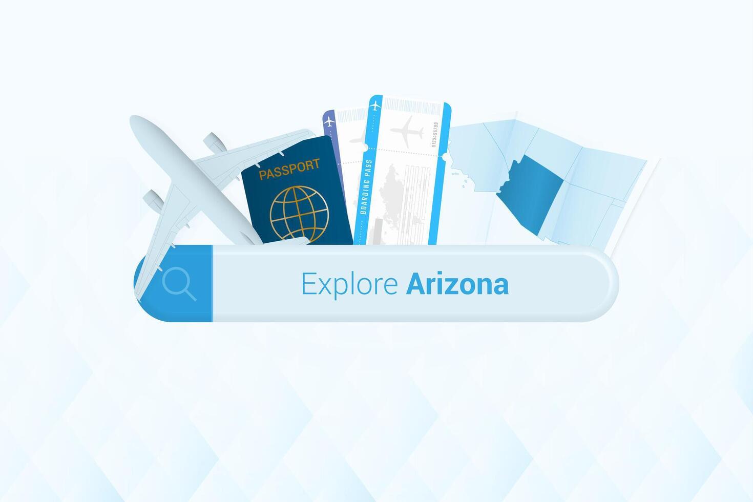 buscando Entradas a Arizona o viaje destino en Arizona. buscando bar con avión, pasaporte, embarque aprobar, Entradas y mapa. vector