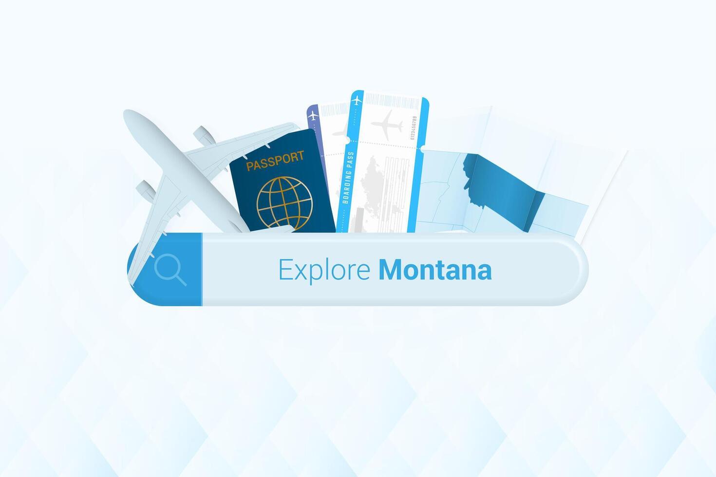 buscando Entradas a Montana o viaje destino en Montana. buscando bar con avión, pasaporte, embarque aprobar, Entradas y mapa. vector