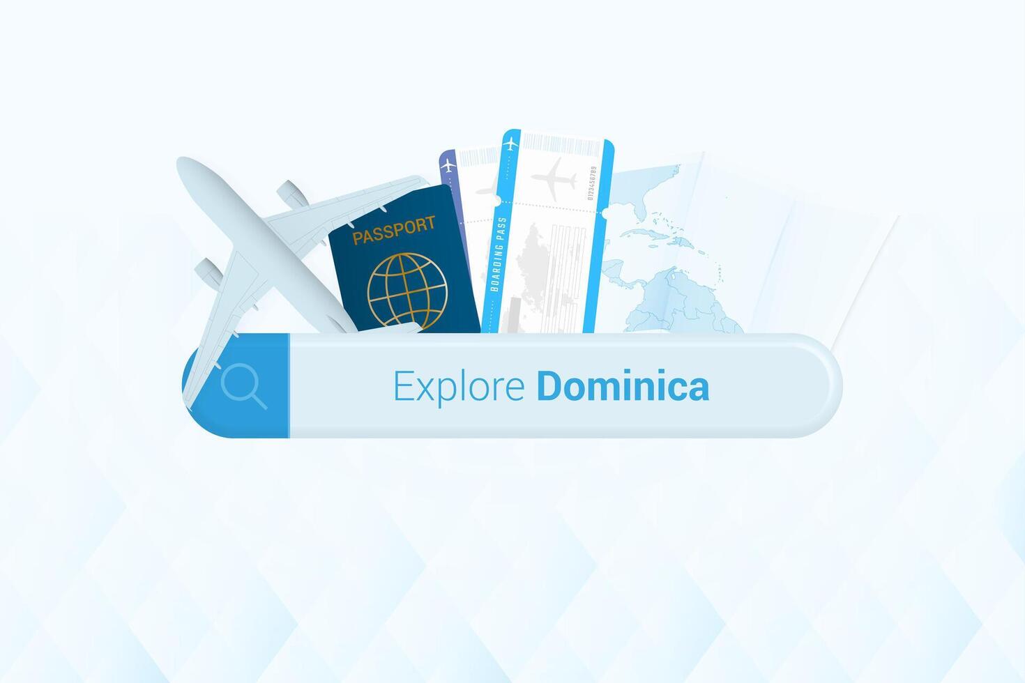 Searching tickets to Dominica or travel destination in Dominica. Searching bar with airplane, passport, boarding pass, tickets and map. vector