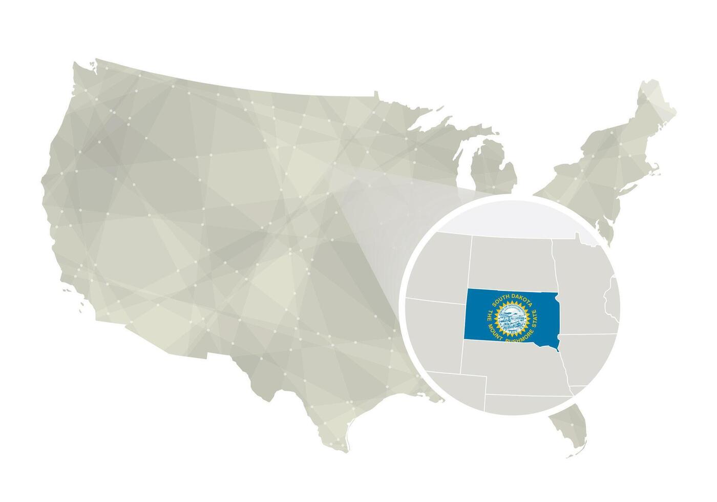 poligonal resumen Estados Unidos mapa con magnificado sur Dakota estado. vector