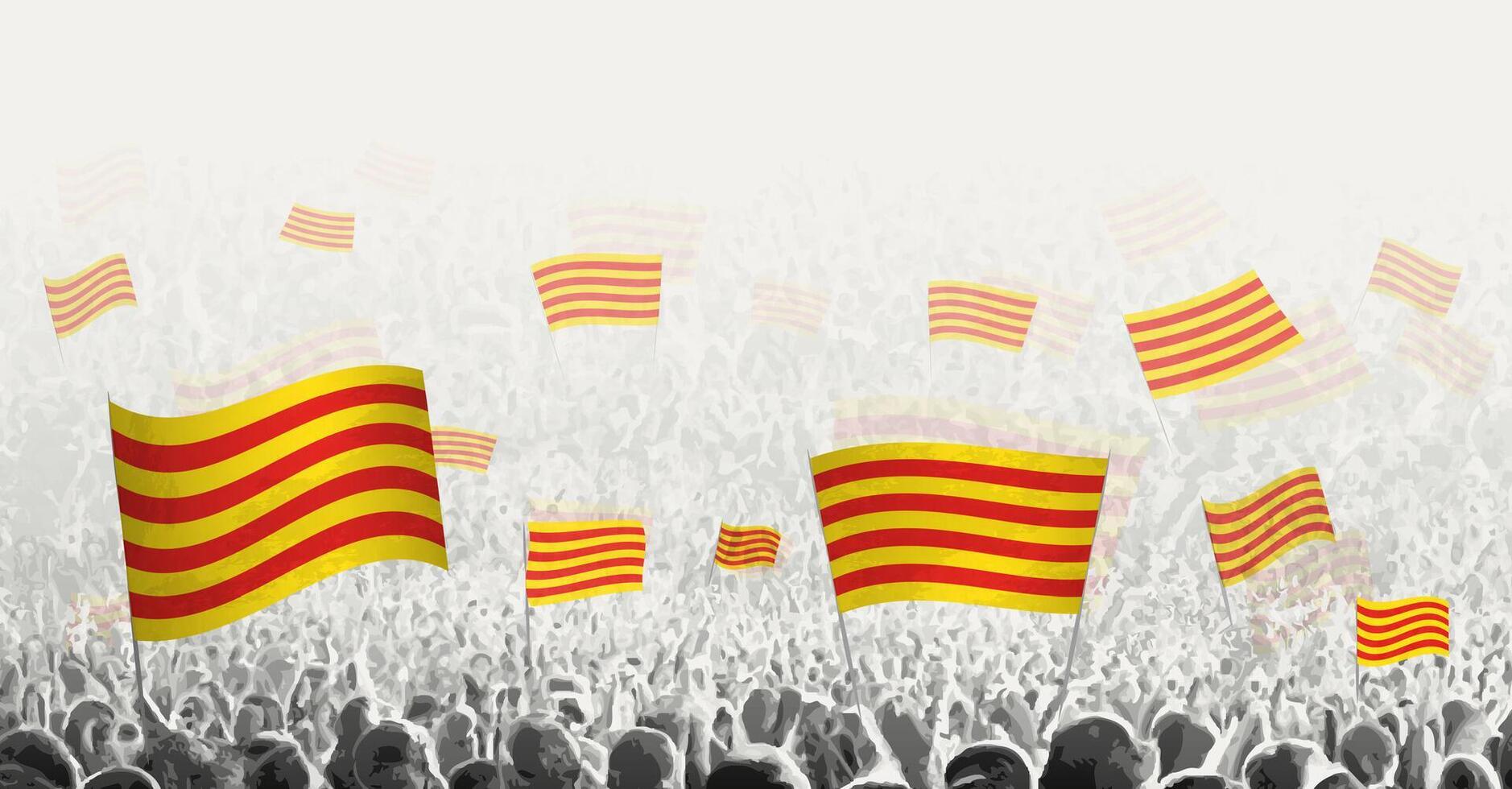 resumen multitud con bandera de Cataluña. pueblos protesta, revolución, Huelga y demostración con bandera de Cataluña. vector