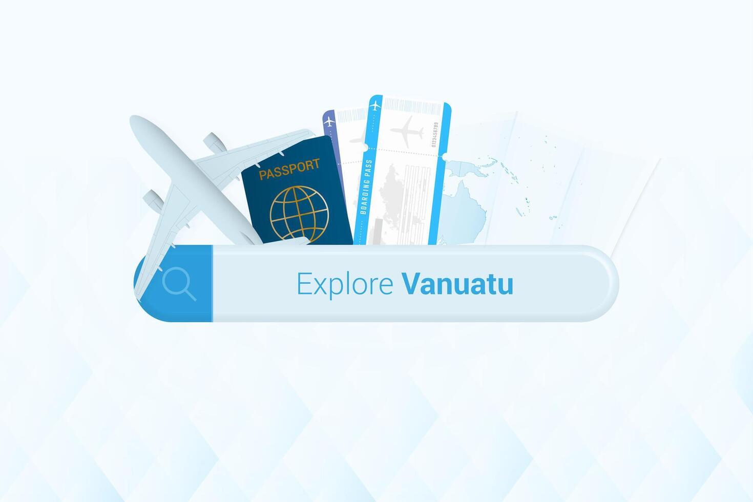 Searching tickets to Vanuatu or travel destination in Vanuatu. Searching bar with airplane, passport, boarding pass, tickets and map. vector