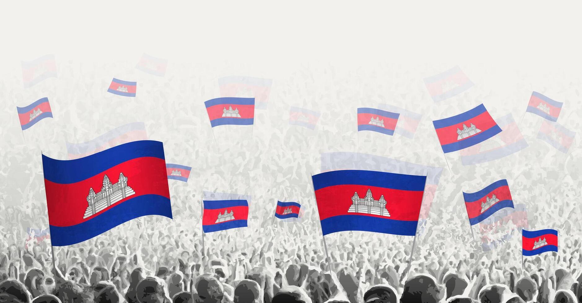 Abstract crowd with flag of Cambodia. Peoples protest, revolution, strike and demonstration with flag of Cambodia. vector