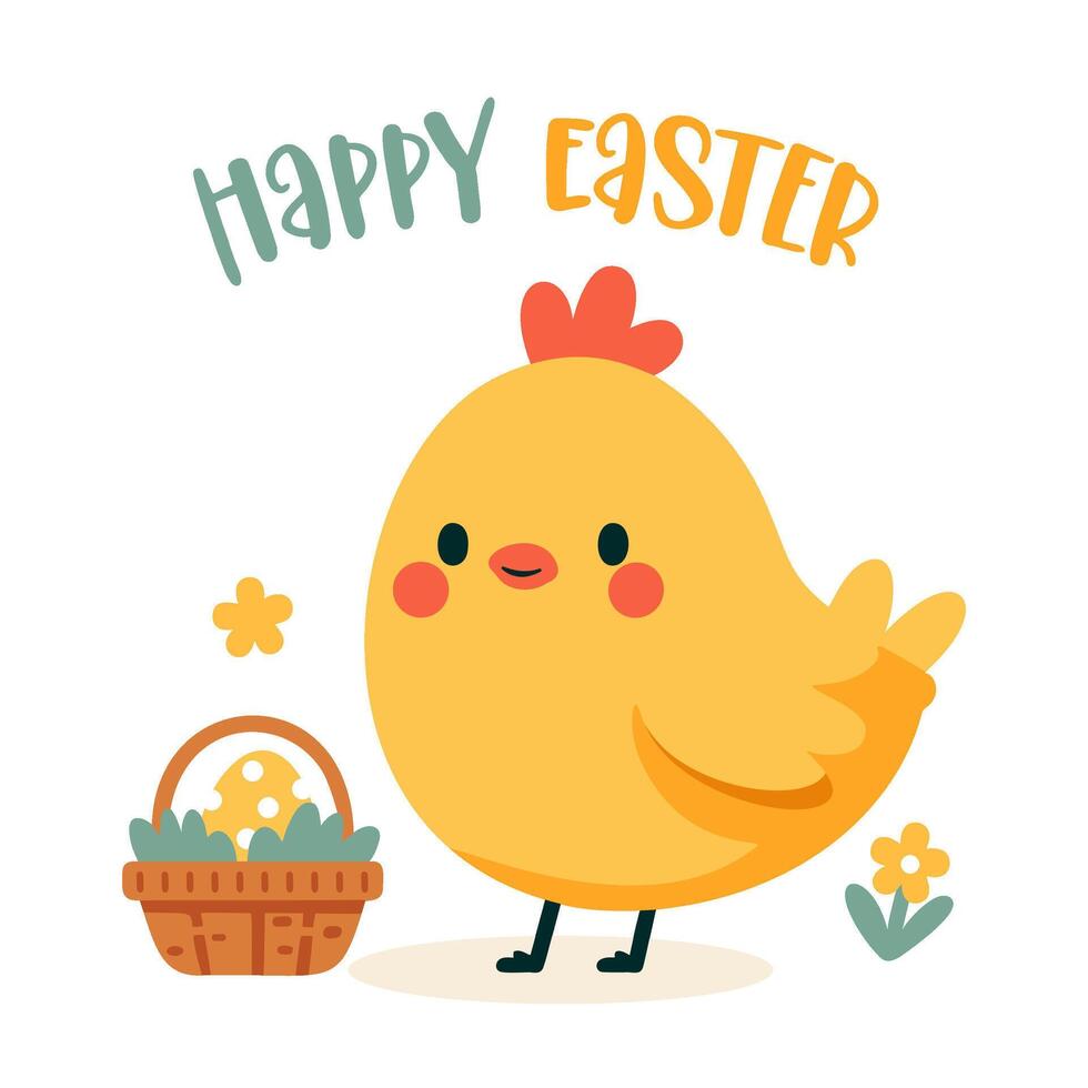 Cute easter chick with basket. Happy Easter vector illustration.