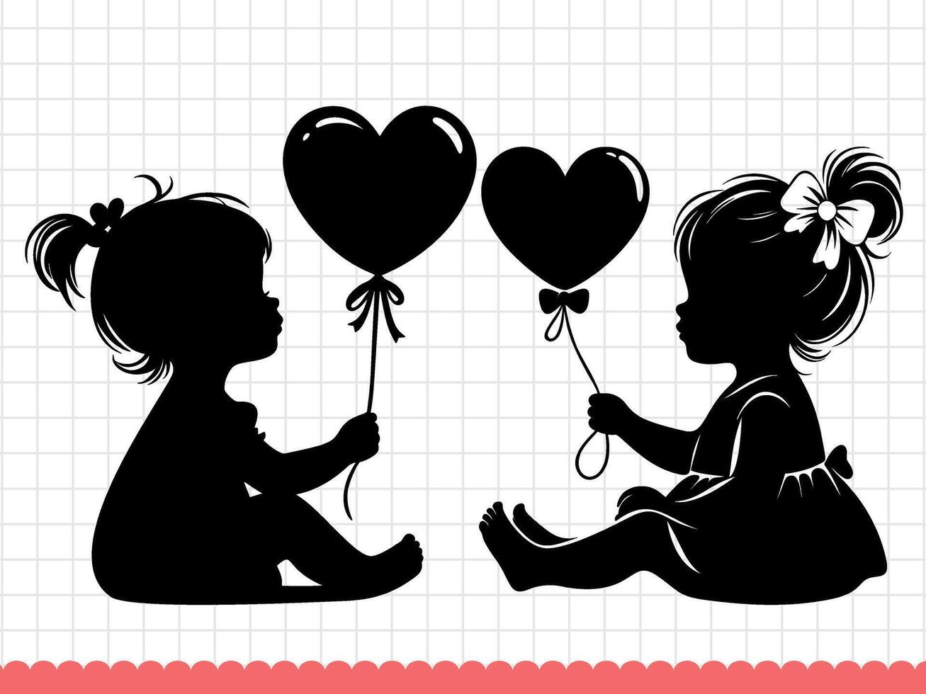 Cute baby girls silhouettes with heart shaped balloon. Vector illustration.