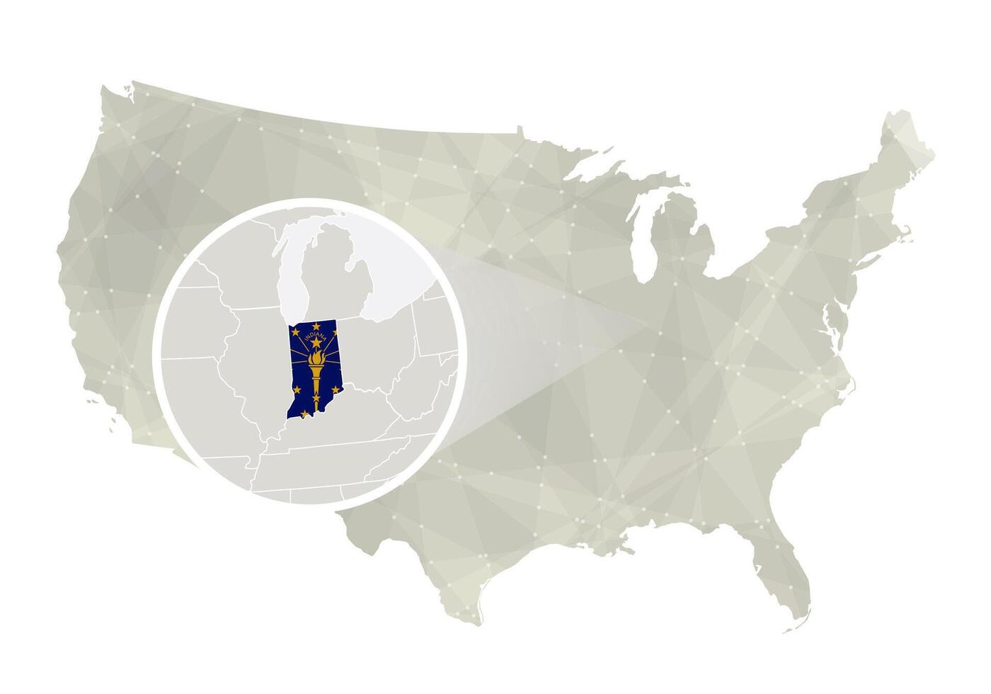 Polygonal abstract USA map with magnified Indiana state. vector