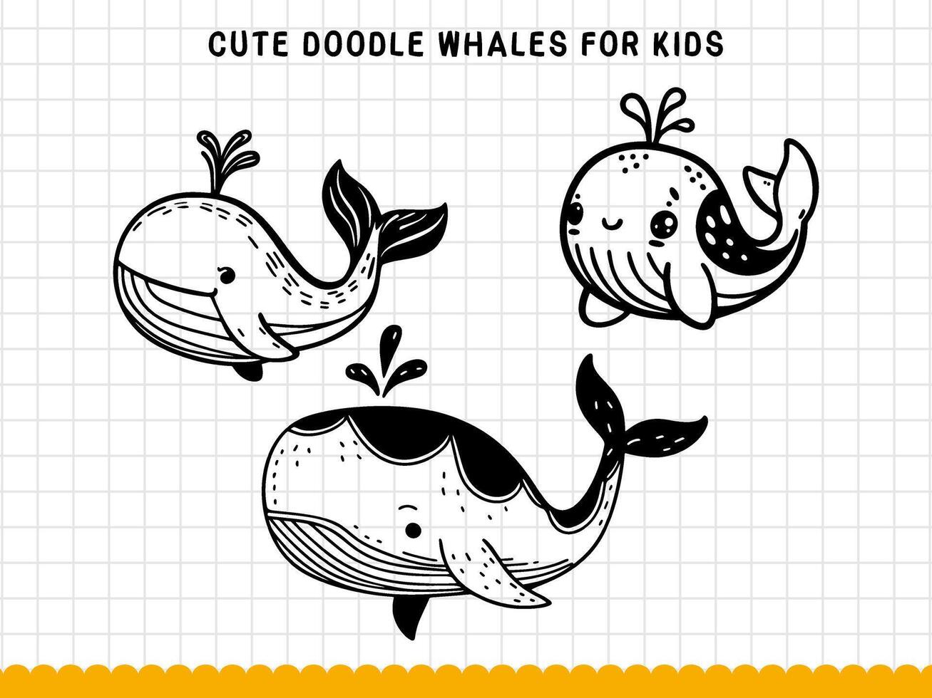 Cute doodle whales for kids. Vector illustartion.