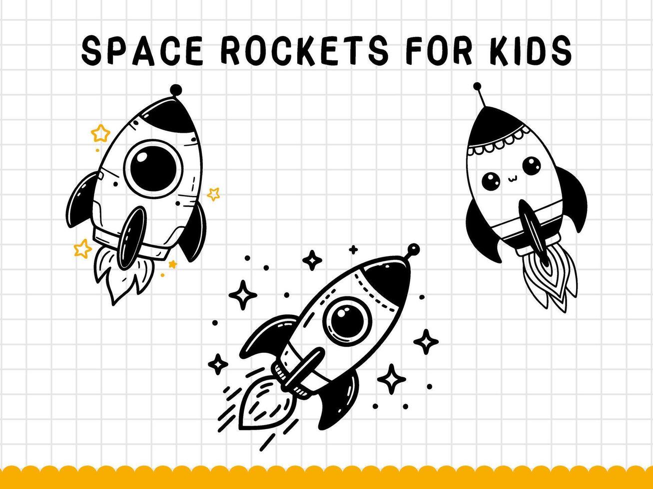 Cute doodle space rockets for kids. Vector illustration.