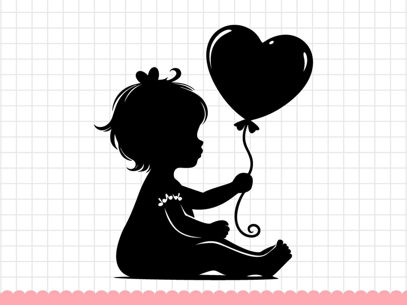 linda bebé niña silueta con corazón conformado globo. vector ilustración.