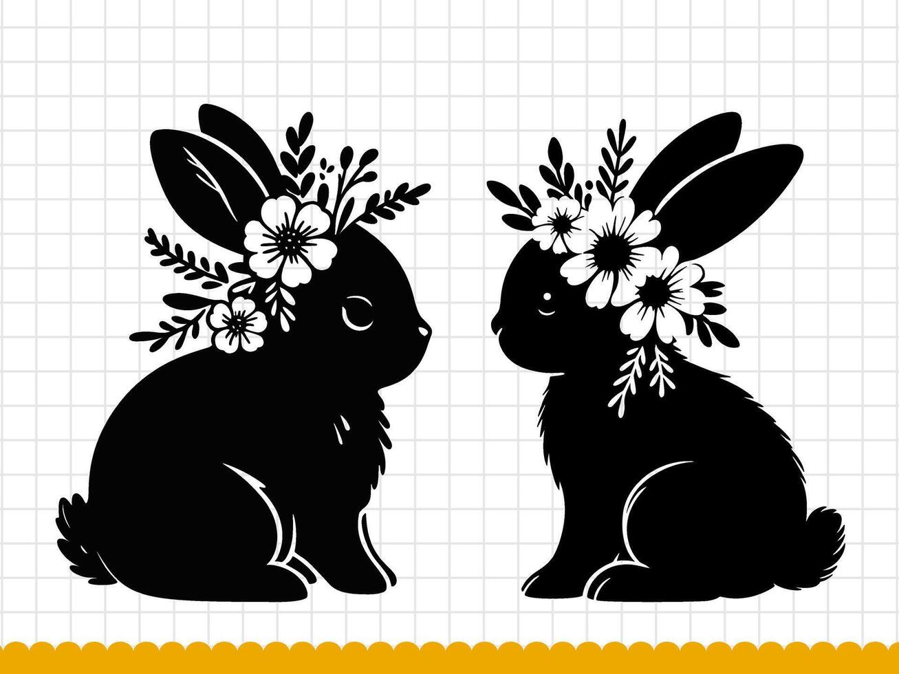 Rabbit Silhouette Illustration with flower wreath. vector