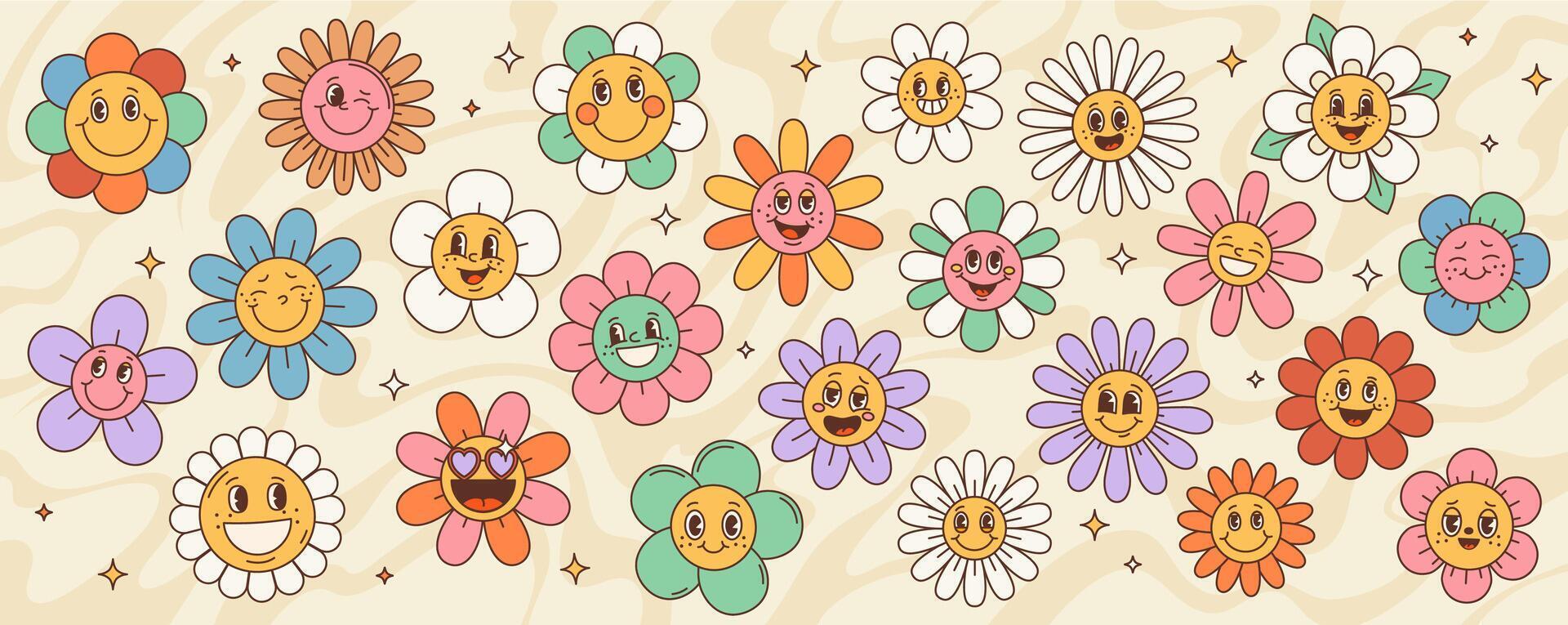 Retro hippie groovy daisy sunflower characters vector