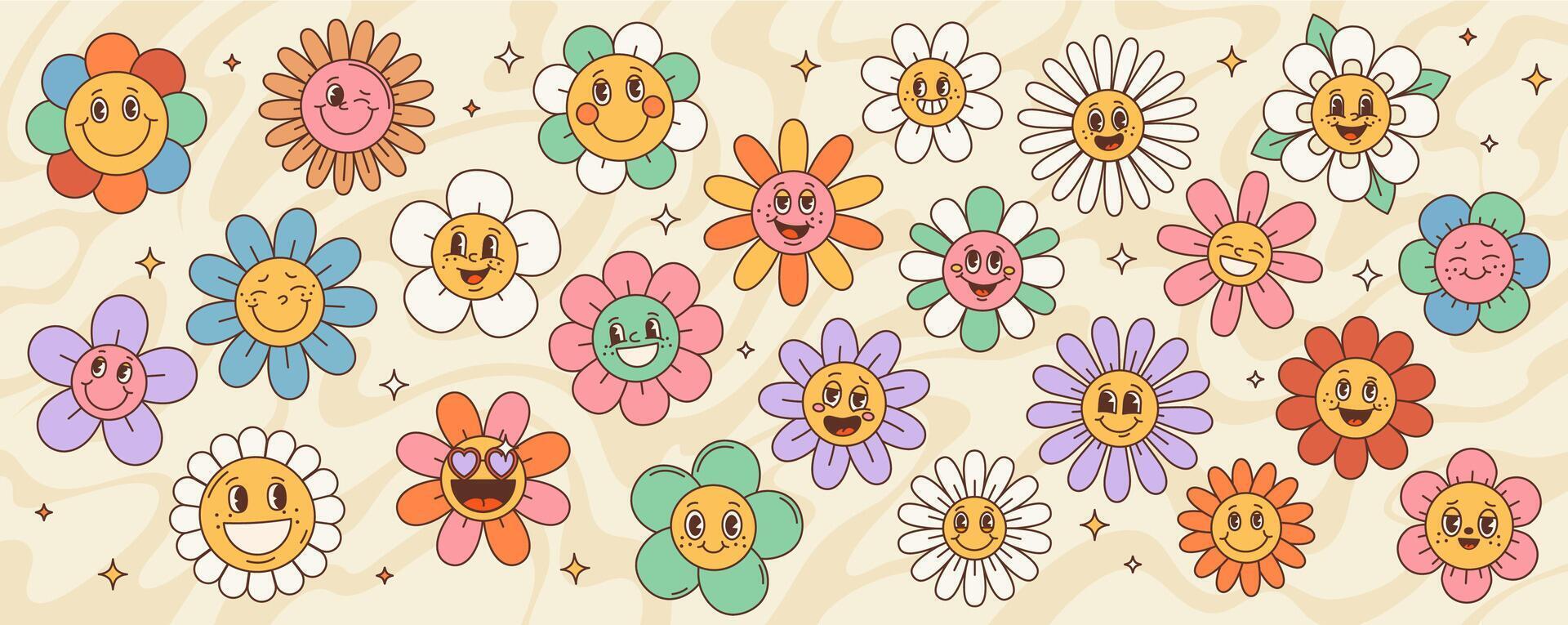 Retro hippie groovy daisy sunflower characters vector