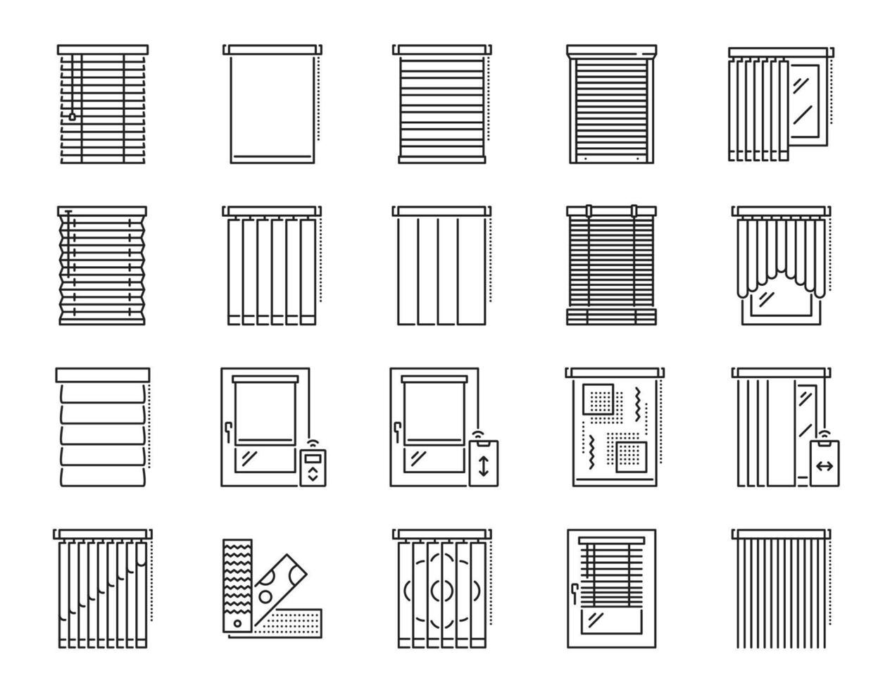 Window blind, curtain and jalousie outline icons vector