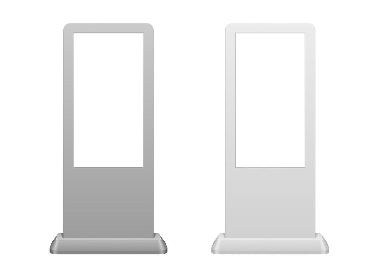 Touch screen kiosk stand mockup, 3d vector design