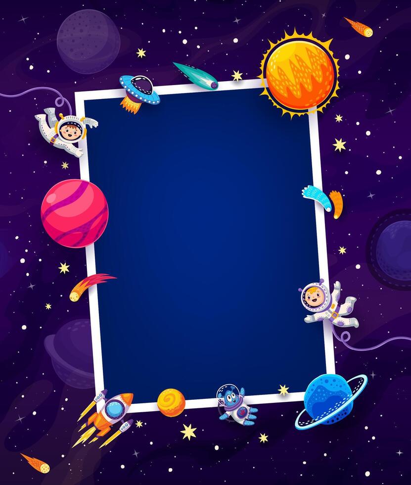 Birthday photo frame, kid astronauts, galaxy space vector