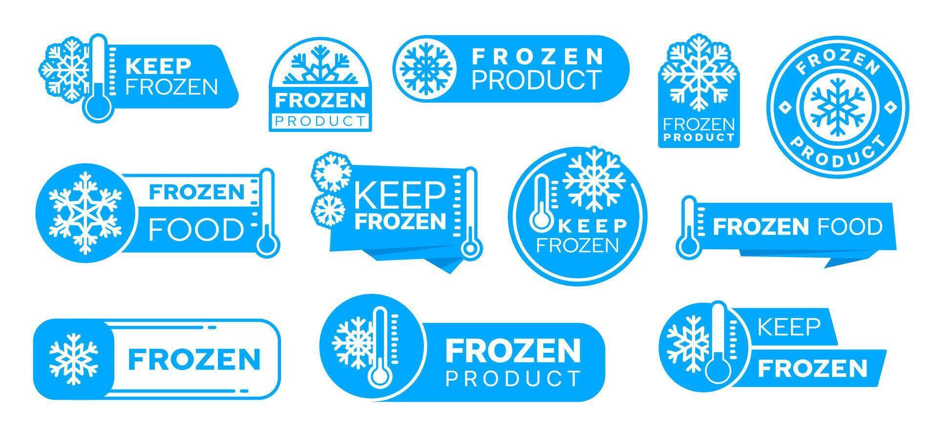 azul congelado frío producto iconos, etiquetas y insignias vector